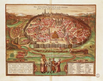 Israel y Palestina, Ciudad de Jerusalén, por Georg Braun y Franz Hogenberg, de Civitates Orbis Terrarum, grabado en color de Georg Braun and Hogenberg Franz
