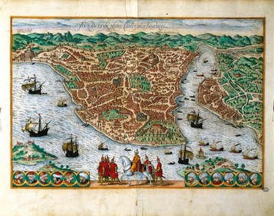 Italia, Milán, Vista en perspectiva de la ciudad de Constantinopla por Georg Braun (1541-1622) y Franz Hogenberg (1535-1590), grabado en color de Georg Braun and Hogenberg Franz