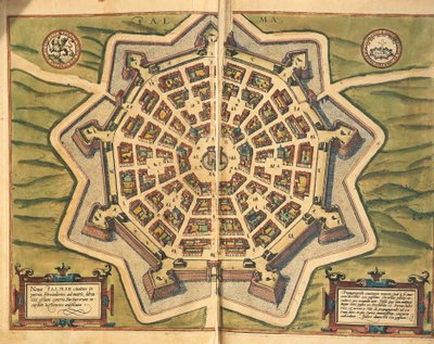 Italia, Palmanova, mapa, grabado de Civitates Orbis Terrarum por Georg Braun y Franz Hogenberg de Georg Braun and Hogenberg Franz