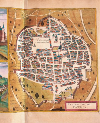 Italia, Sulmona, La ciudad de Sulmona de Civitates Orbis Terrarum por Georg Braun y Franz Hogenberg, grabado de Georg Braun and Hogenberg Franz