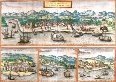Kozhikode, Isla de Hormuz, Kannur, Elmina, India, Irán, Ghana de Georg and Hogenberg Franz (1535 90) Braun