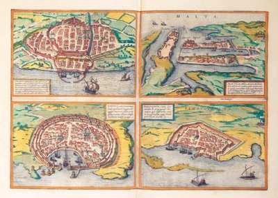 Mapa de Cagliari, Malta, Rodas y Famagusta de Civitates Orbis Terrarum de Georg Braun and Hogenberg Franz