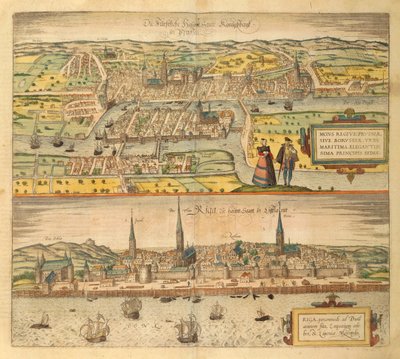 Mapa de Königsberg y Riga de Civitates Orbis Terrarum de Georg Braun and Hogenberg Franz