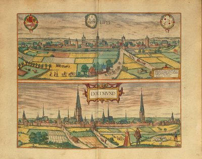 Mapa de Lippe y Dortmund de Civitates Orbis Terrarum por Georg Braun de Georg Braun and Hogenberg Franz