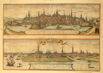 Mapa de Lübeck y Hamburgo de Civitates Orbis Terrarum de Georg Braun and Hogenberg Franz