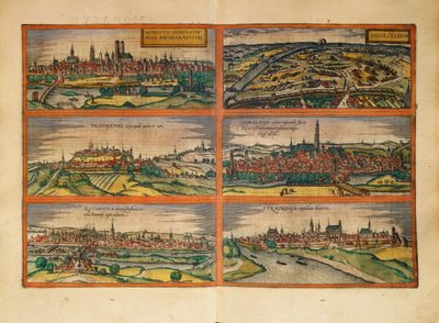Mapa de Múnich, Ingolstadt, Freising, Nordlingen, Regensburg y Straubing, Alemania, de Civitates Orbis Terrarum por Georg Braun de Georg Braun and Hogenberg Franz