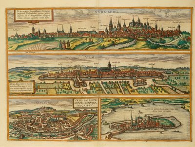 Mapa de Núremberg, Ulm, Salzburgo y Lindau de Civitates Orbis Terrarum de Georg Braun and Hogenberg Franz