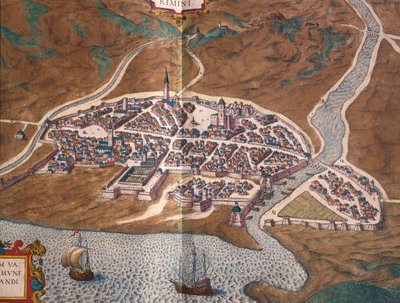 Mapa de Rímini, grabado coloreado de Civitates Orbis Terrarum de Georg Braun and Hogenberg Franz