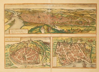 Mapa de Rouen, Nimes y Burdeos de Civitates Orbis Terrarum por Georg Braun de Georg Braun and Hogenberg Franz
