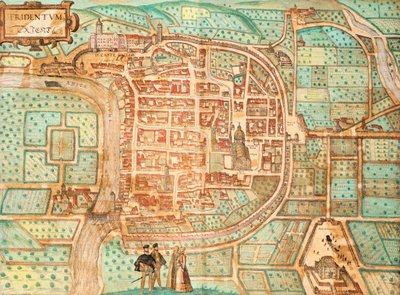 Mapa de Tridentum, hoy Trento, de Civitates Orbis Terrarum de Georg Braun and Hogenberg Franz