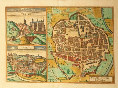 Mapas de Urbino y Sulmona, regiones de Abruzzo y Marche, Italia, de Civitates Orbis Terrarum por Georg Braun de Georg Braun and Hogenberg Franz