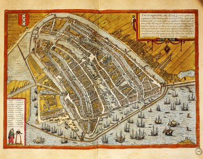 Países Bajos, Mapa de Ámsterdam de Civitates Orbis Terrarum por Georg Braun (1541-1622) y Franz Hogenberg (1535-1590), grabado de Georg Braun and Hogenberg Franz