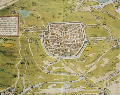 Países Bajos, Mapa de la ciudad y región de Leiden del Civitates Orbis Terrarum de Georg Braun (1541-1622) y Franz Hogenberg (1540-1590), Colonia, grabado de Georg Braun and Hogenberg Franz