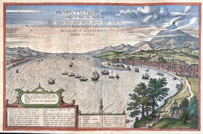 El estrecho de Messina, entre Sicilia y Calabria (Italia) (grabado) de Georg Braun and Hogenberg Franz