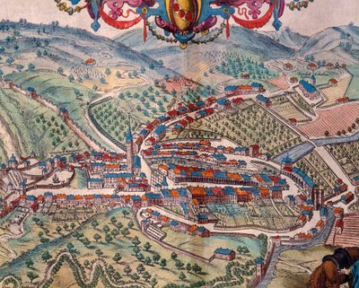 Vista de Serravalle Scrivia de Georg Braun and Hogenberg Franz