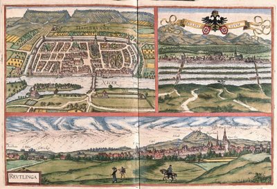 Heilbronn (Alemania), Mulhouse (Francia) y Reutlingen (Alemania) de Georg Braun and Hogenberg Franz