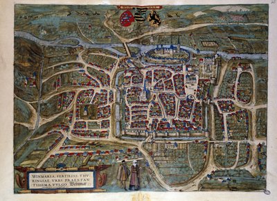 Mapa de la ciudad alemana de Weimar. Grabado del Atlas de “Braun y Hogenberg” 1572 de Georg Braun and Hogenberg Franz