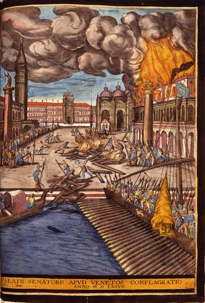 El Gran Incendio del Palacio Ducal en la Plaza de San Marcos en Venecia en 1577. Grabado por George Braun en "Civitatis Orbis Terrarum" Volumen I escrito por Franz Hogenberg de Georg Braun and Hogenberg Franz