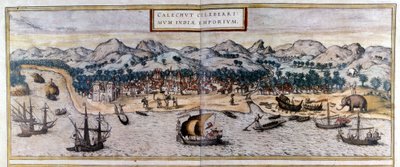 Vista de Kozhikode o Calicut en India del Atlas “Civitates Orbis Terrarum” de Braun & Hogenberg de Georg Braun and Hogenberg Franz