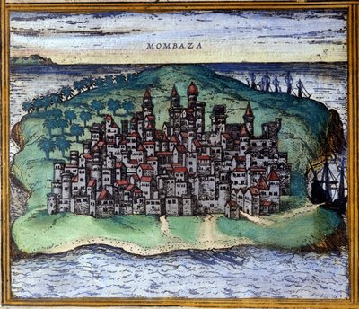 Vista de Mombasa o Mombassa, Kenia en el siglo XVI, cuando la ciudad fue ocupada por los portugueses después del Atlas “Civitates Orbis Terrarum” de Braun y Hogenberg de Georg Braun and Hogenberg Franz