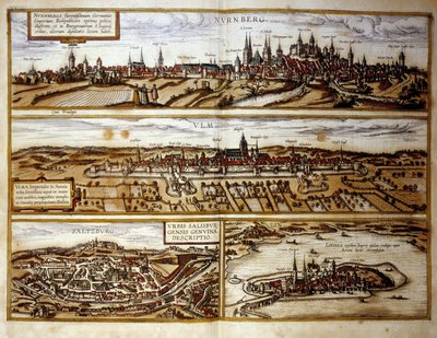 Vista de las ciudades alemanas de Núremberg y Ulm, Salzburgo, Austria. Grabado del Atlas de "Braun y Hogenberg" 1572 de Georg Braun and Hogenberg Franz