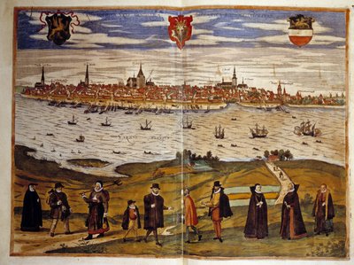 Vista de la ciudad de Rostock, Alemania. Grabado del Atlas de Braun y Hogenberg 1572 de Georg Braun and Hogenberg Franz