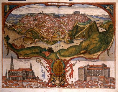 Vista de la ciudad de Toledo en el siglo XVI. Grabado de George Braun en Civitatis Orbis Terrarum Volumen I escrito por Franz Hogenberg (1535-1590) de Georg Braun and Hogenberg Franz