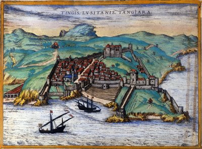 Vista de la ciudad fortificada de Tánger y la costa, Marruecos. Tres barcos están anclados cerca de la costa. En "Ciuitates orbis terrarum Liber primus", por Georgius Braun y Franz Hohenberg, Colonia 1582 de Georg Braun and Hogenberg Franz