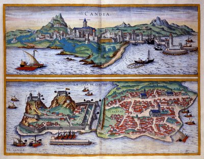 Vista del puerto de Candia (actual Heraklion) en Creta y el puerto de Corfú en Grecia. Grabado de George Braun en Civitatis Orbis Terrarum Volumen I escrito por Franz Hogenberg (1535-1590) de Georg Braun and Hogenberg Franz