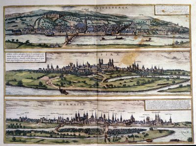Vistas de tres ciudades en Alemania: Heidelberg, Spira, Worms. Atlas de Braun y Hogenberg. 1550. de Georg Braun and Hogenberg Franz