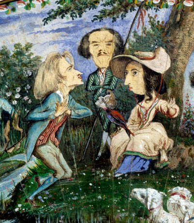 Abanico de caricaturas pintadas en gouache por George Sand (Aurore Dupin, Baronne Dudevant) (1804-1876) y Auguste Charpentier (1815-1880): detalle que representa a la mujer de letras George Sand, rodeada por Eugene Delacroix (centro) y Franz Liszt. Siglo X de George Sand