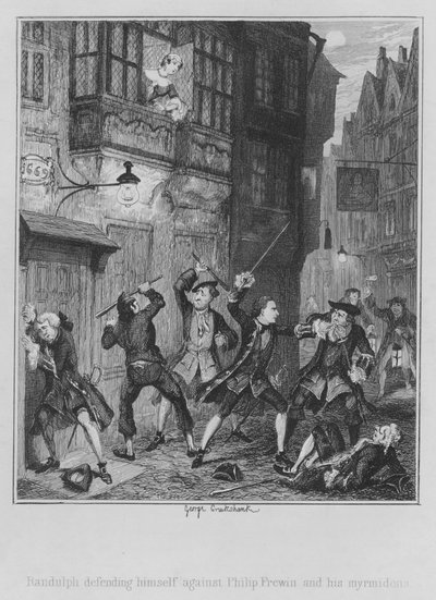 Randulph defendiéndose contra Philip Frewin y sus mirmidones (grabado) de George (after) Cruikshank