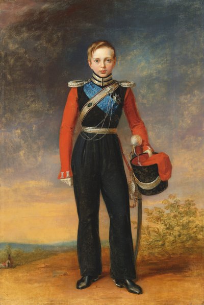 Retrato de Tsesarevich Alexander Nikolaevich con el uniforme de la escuadra de cosacos de la Guardia Leib del Mar Negro (óleo sobre lienzo) de George (after) Dawe