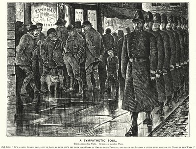 Caricatura de Punch: Un Alma Simpática - vigilando los barrios bajos de Londres de George (after) Du Maurier