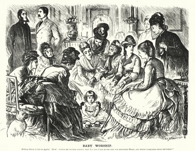 Caricatura de Punch: Adoración del bebé de George (after) Du Maurier