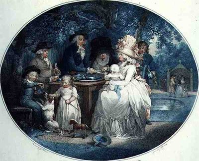 Un jardín de té, grabado por Francois David Soiron, publicado por T. Gaugain de George (after) Morland