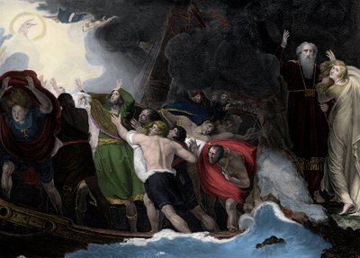 Próspero y Miranda, a la derecha, de pie en la isla mientras los marineros naufragan de George (after) Romney