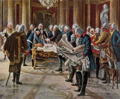 Federico el Grande celebra un consejo de guerra con sus generales, agosto de 1756 (litografía en color realzada) de George (after) Schobel