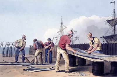 Pescadores raspando y limpiando los restos de ballenas de "El traje de Yorkshire", grabado por Robert Havell (1769-1832)1814 (litografía). de George (after) Walker