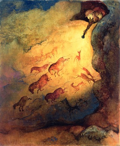 Mr. Punch como explorador de cuevas asustando a los animales en Lascaux, comisión no publicada por Punch, 1968 de George Adamson