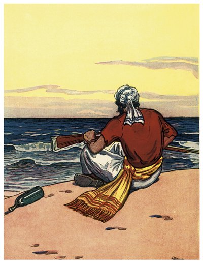 Un pirata abandona en una isla desierta y mira la línea del horizonte. Ilustración de 