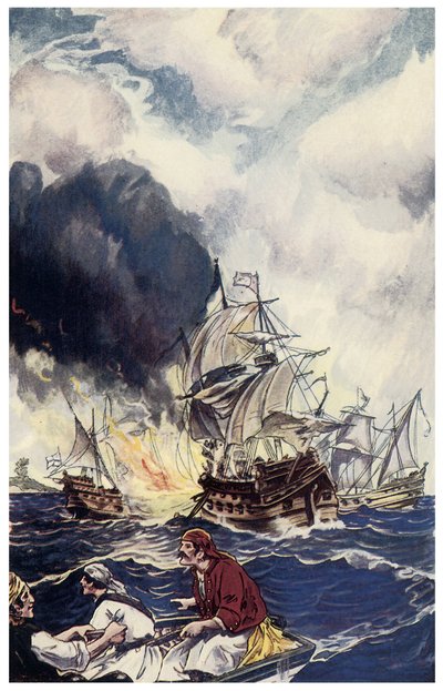 Carga de brulot con explosivos lanzada a un barco. Ilustración de “Piratas de Panamá o Los Bucaneros de América” de George Albert Williams (1875-1932) 1914 de George Alfred Williams