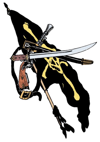 Pabellón pirata decorado con calavera y sables. Ilustración de "El libro de los piratas" de George Albert Williams (1875-1932) 1913 de George Alfred Williams