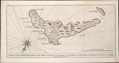 Plano de la isla de Iuan Fernandes en el Mar del Sur, situada en la latitud de 33d. 40m. sur, y al oeste del continente de Chili 110 leguas, c.1750 (grabado) de George Anson