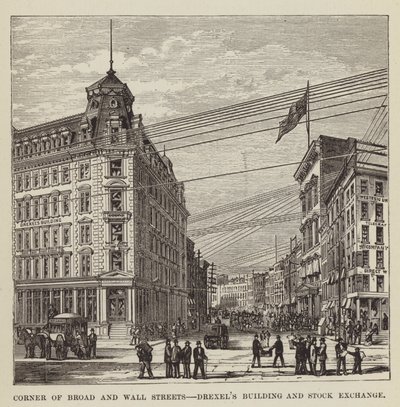 Esquina de Broad y Wall Streets, edificio Drexels y bolsa de valores de George Augustus Sala