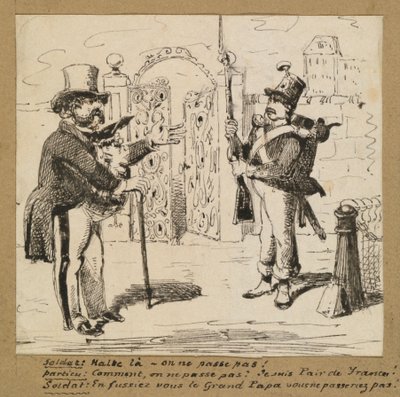 Centinela deteniendo a caballero en la puerta de George Augustus Sala