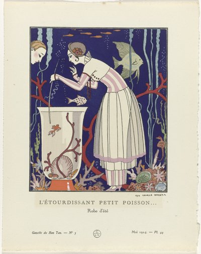 Gazette du Bon Ton, 1914 - No. 5, Pl. 44: El deslumbrante pececito (...) / Vestido de verano (título sobre objeto) de George Barbier