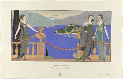 Gazette du Bon Ton, 1914 - No. 6, Pl. 57: Isola Bella/ Vestidos de noche de Redfern (título sobre objeto) de George Barbier