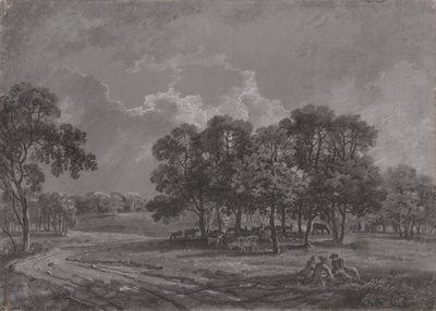 Escena de parque con ciervos, ganado y un grupo de figuras de George Barret