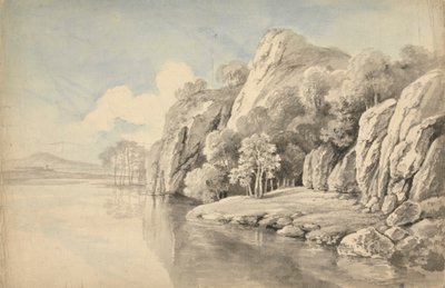 Orilla del río con rocas altas de George Barret
